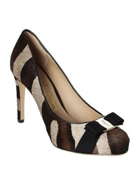 Salvatore Ferragamo Brown and Cream Zebra-Print Bow Heel Pumps